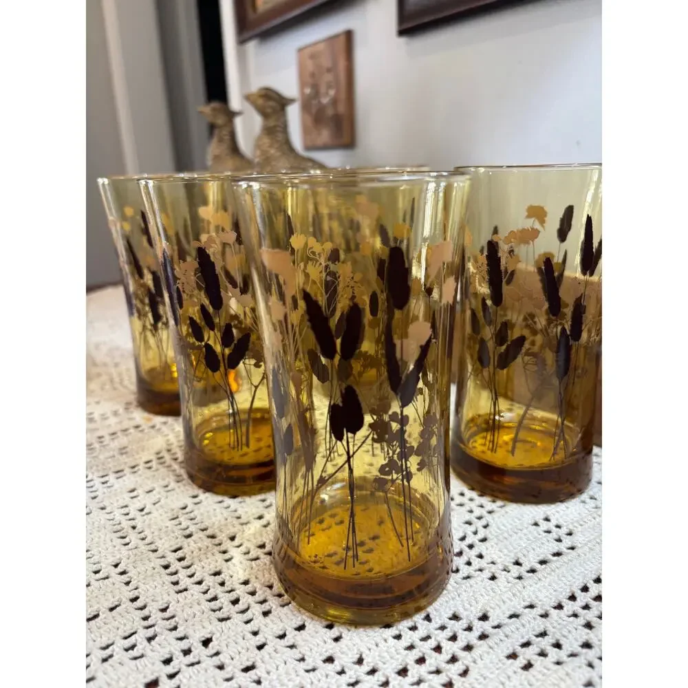 Mid century modern barware Federal Glass interlude highball‎ glasses amber tint